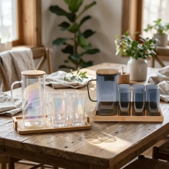 8 Pcs Luxury Tinted Glass Water Jug Set with Bamboo Tray & Airtight Wooden Lid – 1 Pitcher, 6 Drinking Tumblers for Juice, Lemonade & Dining Table