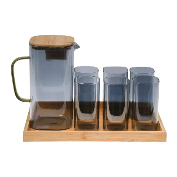 8 Pcs Luxury Tinted Glass Water Jug Set with Bamboo Tray & Airtight Wooden Lid – 1 Pitcher, 6 Drinking Tumblers for Juice, Lemonade & Dining Table