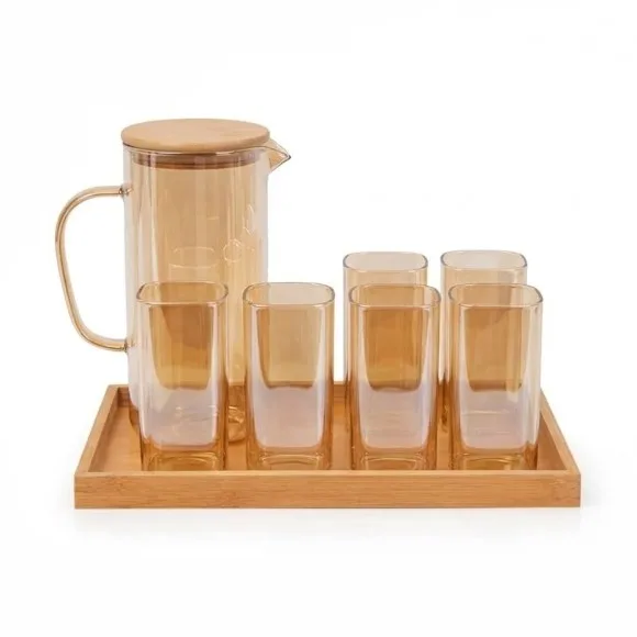 8 Pcs Luxury Tinted Glass Water Jug Set with Bamboo Tray & Airtight Wooden Lid – 1 Pitcher, 6 Drinking Tumblers for Juice, Lemonade & Dining Table