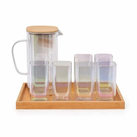 8 Pcs Luxury Tinted Glass Water Jug Set with Bamboo Tray & Airtight Wooden Lid – 1 Pitcher, 6 Drinking Tumblers for Juice, Lemonade & Dining Table