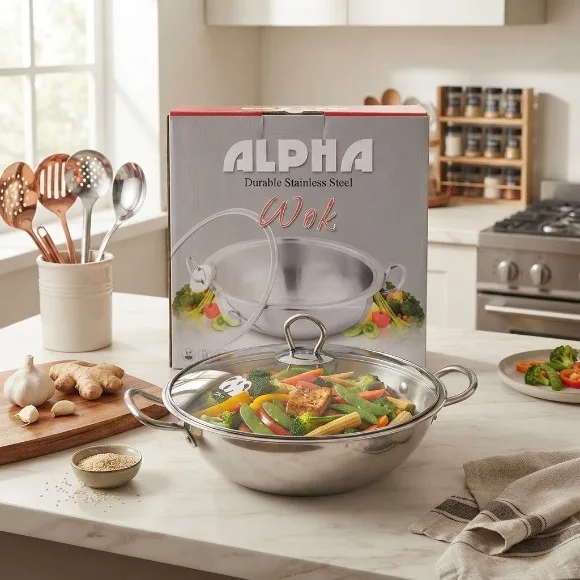 Alpha Stainless Steel Karahi Double Bottom Heavy Wok – 32CM