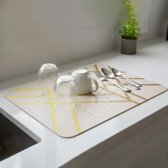 Anti-Slip Dish Drying Mat Dual-Tone Geometric Grid Design