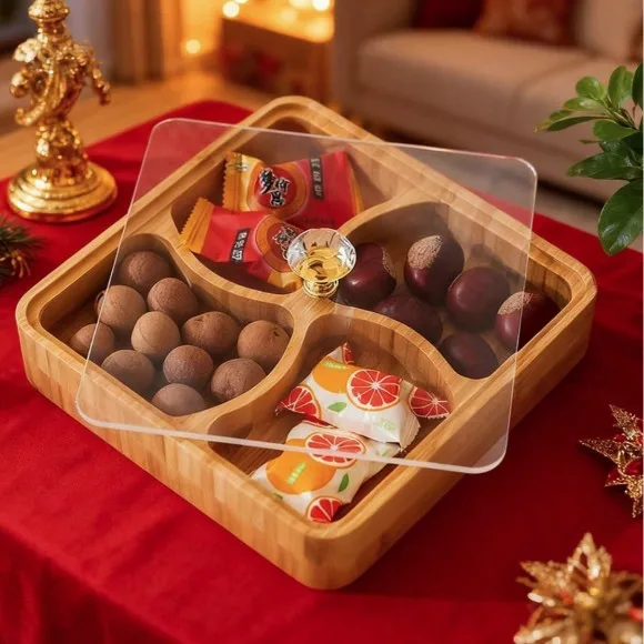 Bamboo Wooden Snack Serving Tray Dry Fruit Plate 4 Compartment