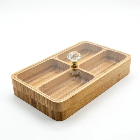 Bamboo Carved Divided Serving Tray 4 Compartment with Acrylic Lid