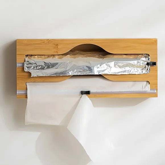 Bamboo Fresh Wrap Cut Box Wall-mounted Aluminum Foil and Plastic Wrap Foil Cutter