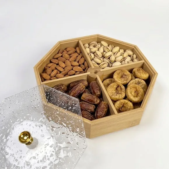 Bamboo Octagonal Divided Serving Tray With Textured Transparent Lid