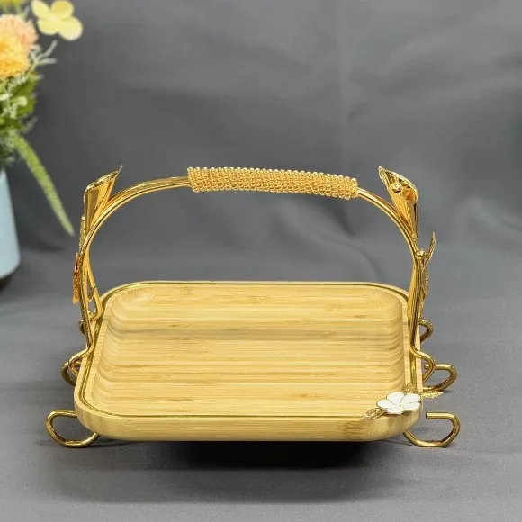 Bamboo Serving Tray with Handle and Decorative Flower