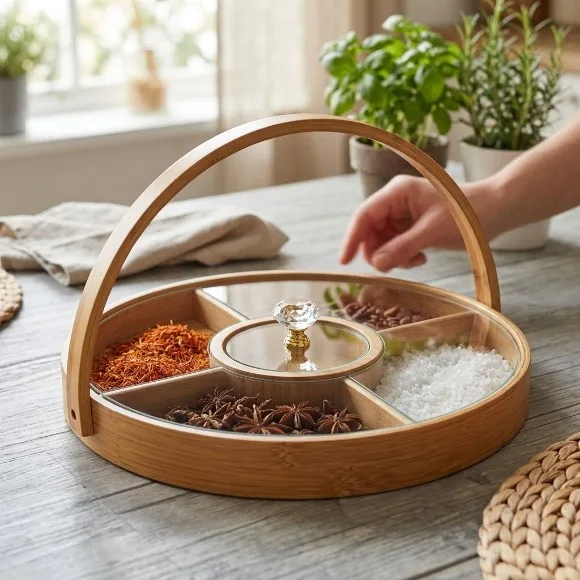 Bamboo Wood Round 5-Compartment Dry Fruit Tray with Handle 30cm