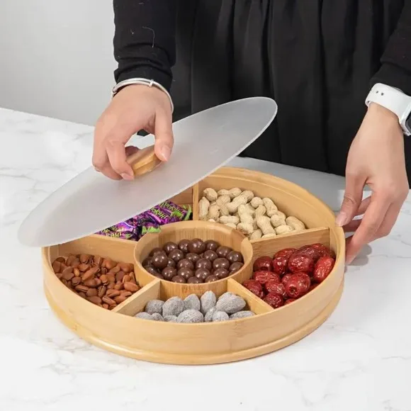 Bamboo Wood Round 6-Compartment Dry Fruit Tray