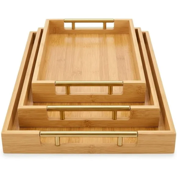 Bamboo Wooden Serving Tray with Gold Stainless Handles Set of 3 