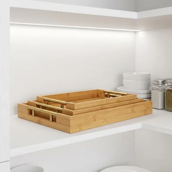 Bamboo Wooden Serving Tray with Gold Stainless Handles Set of 3 