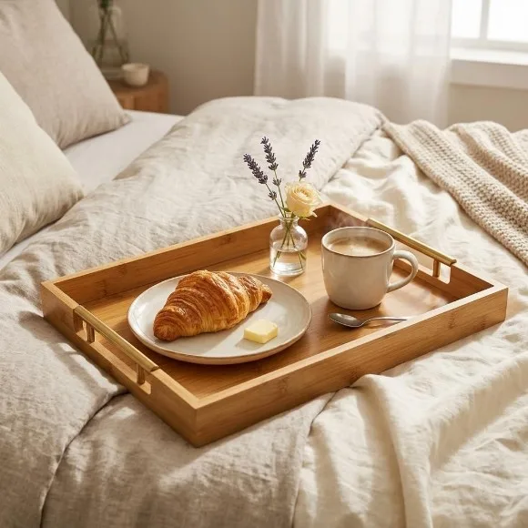 Bamboo Wooden Serving Tray with Gold Stainless Handles Set of 3 