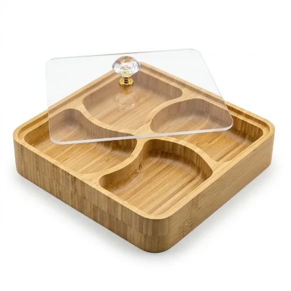 Bamboo Wooden Snack Serving Tray Dry Fruit Plate 4 Compartment