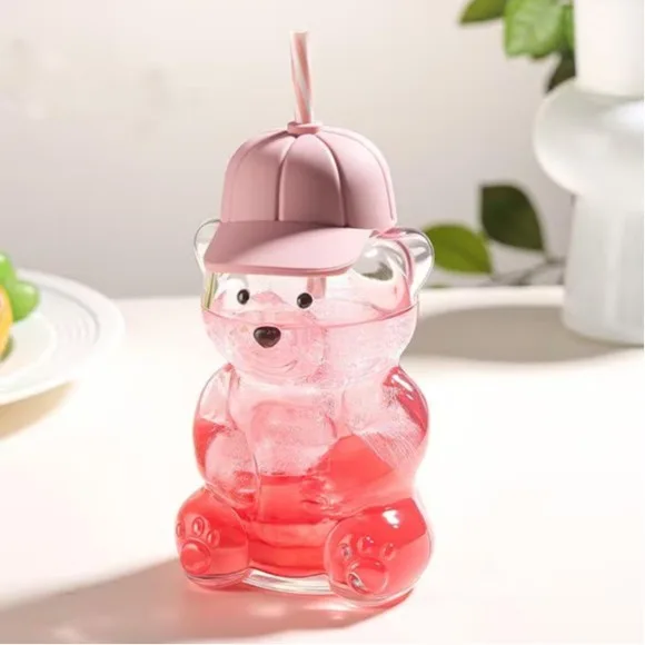 Bear Cap Sippy Cup with Straw 600ml Reusable Glass Cup for Iced Coffee Juice Milk Tea 