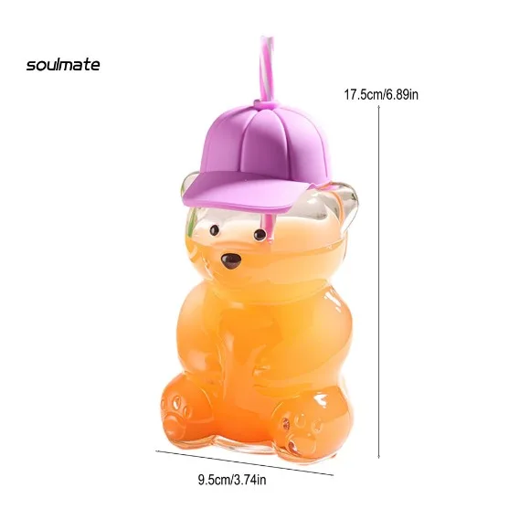 Bear Cap Sippy Cup with Straw 600ml Reusable Glass Cup for Iced Coffee Juice Milk Tea 