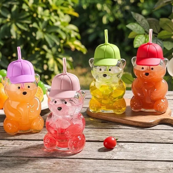 Bear Cap Sippy Cup with Straw 600ml Reusable Glass Cup for Iced Coffee Juice Milk Tea 