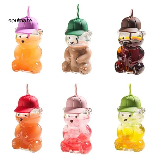 Bear Cap Sippy Cup with Straw 600ml Reusable Glass Cup for Iced Coffee Juice Milk Tea 