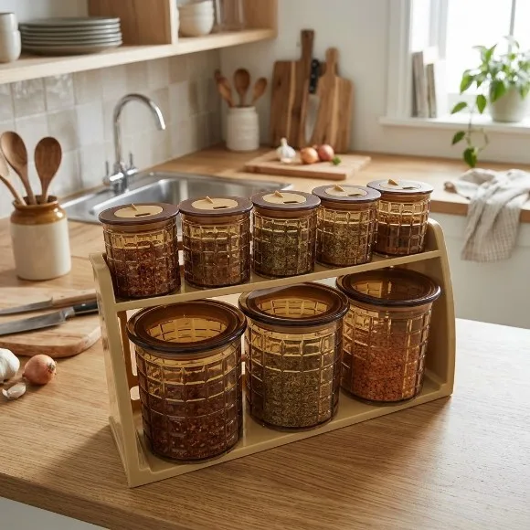 Bita Jars Set Wall Mounted Stand 9 Pcs Set Checkered