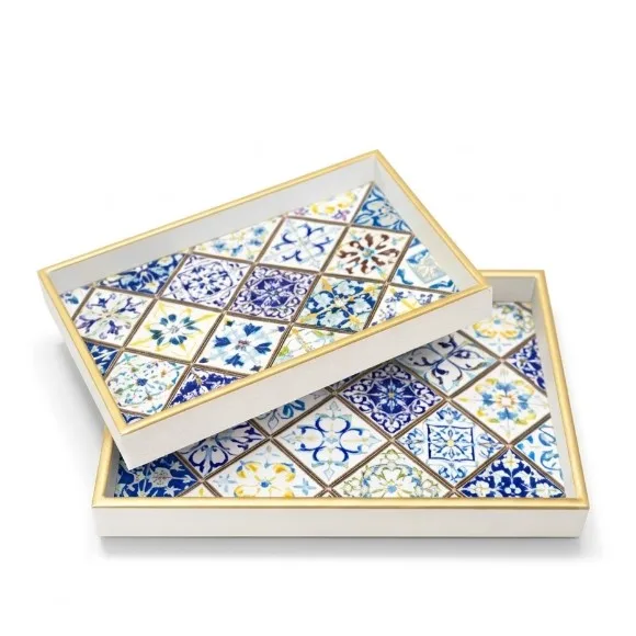 Rectangular Geometric Art Wood Tray Set of 2