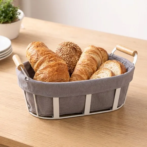 Bread Basket with Removable Fabric Liner Wooden Handles