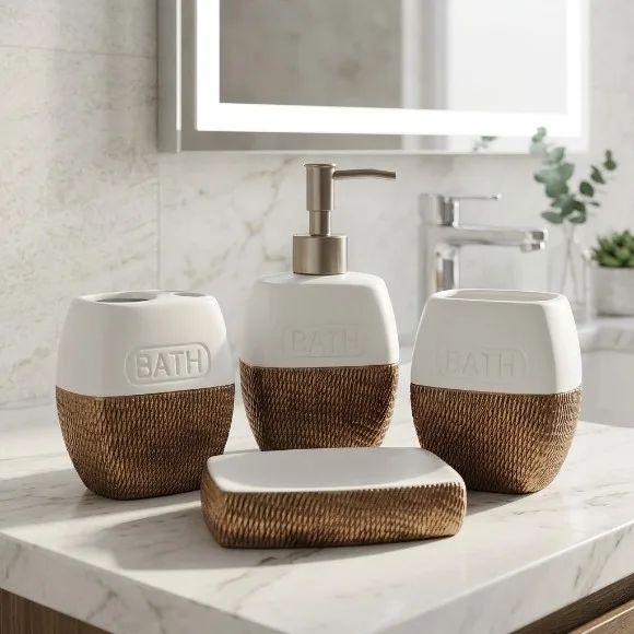 Ceramic Bathroom Accessories Soap Dispenser Toothbrush Holder 4 Pcs Set