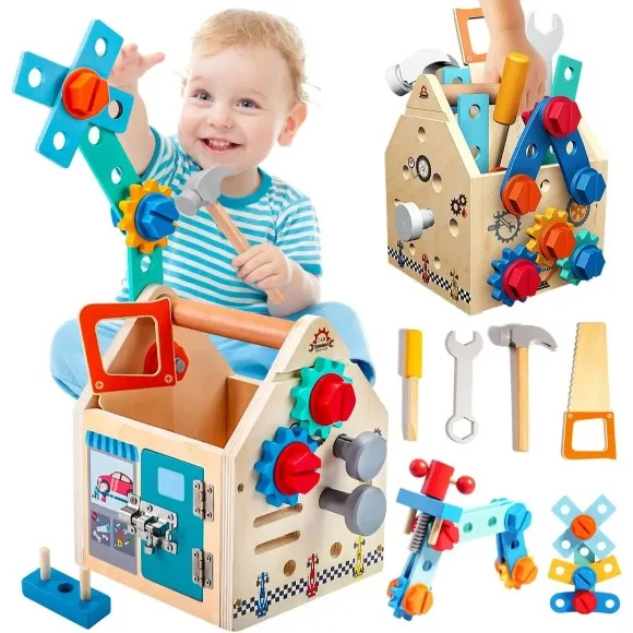 Childrens Wooden Toolbox Set Toys Simulation Maintenance Tool Repair Toys Montessori Screw Puzzle Kids Pretend Play Toys