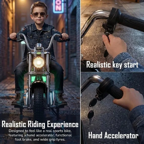 ChopperX Battery Operated Bike for Kids with Adjustable Seats Rechargeable Ride on Toy with LED Lights USB & Music Electric Big Bike