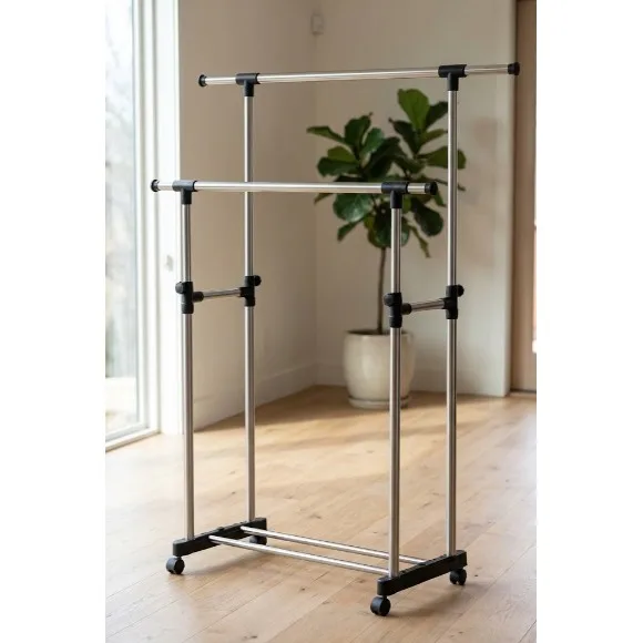 Cloth hanging stand Double Pole Portable Cloth Rack Cloth Drying Stand Stainless Steel With Wheels