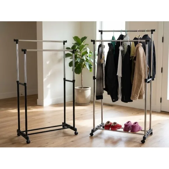 Cloth hanging stand Double Pole Portable Cloth Rack Cloth Drying Stand Stainless Steel With Wheels