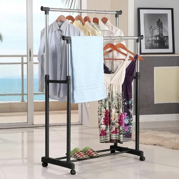 Cloth hanging stand Double Pole Portable Cloth Rack Cloth Drying Stand Stainless Steel With Wheels