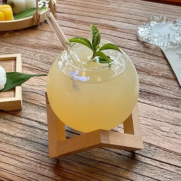 Cocktail Glass Cup With Wood Stand Creative Bar Glassware Drink Ronud Ball Mug Fruit Moon Juice Tumbler