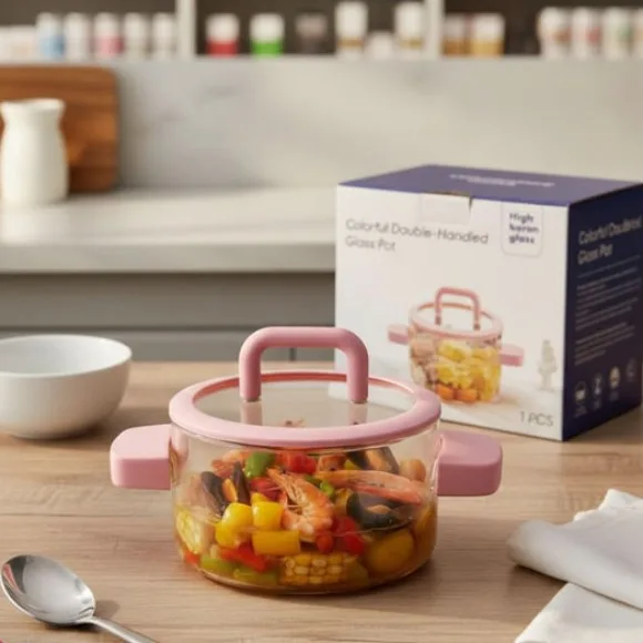 Colorful Double handle POT 1800ML Glass Serving Bowl with Lid Oven Microwave Safe Casserole
