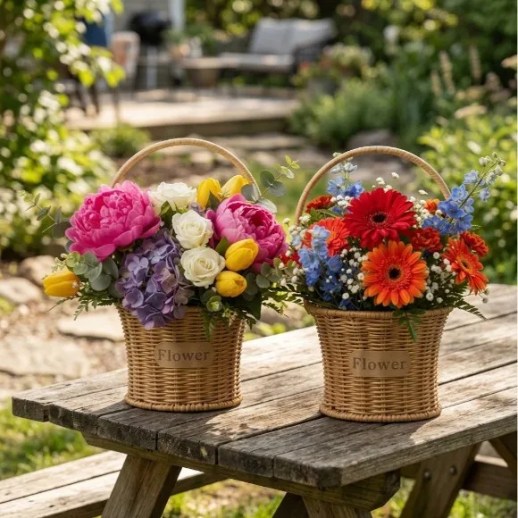 Cylindrical Cane Flower Basket With Handle