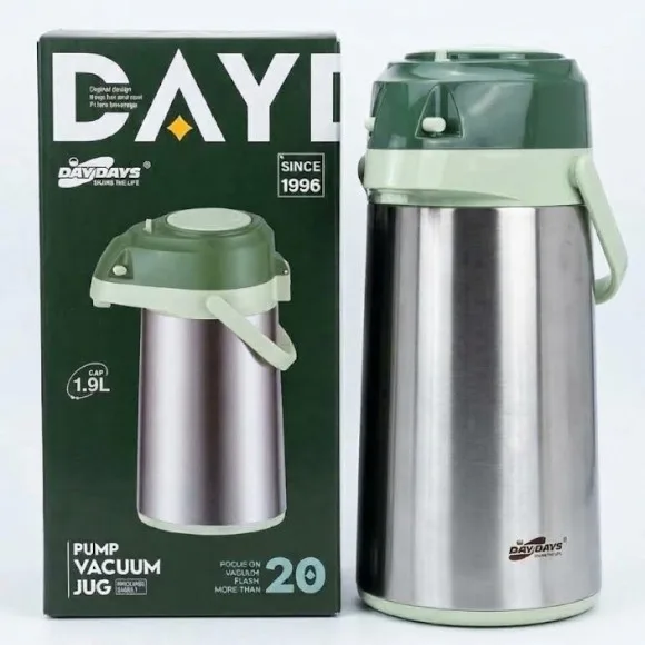 Daydays Stainless Steel Airpot Thermos Vacuum Insulated Pump Flask with Glass Liner 1.9 Liter