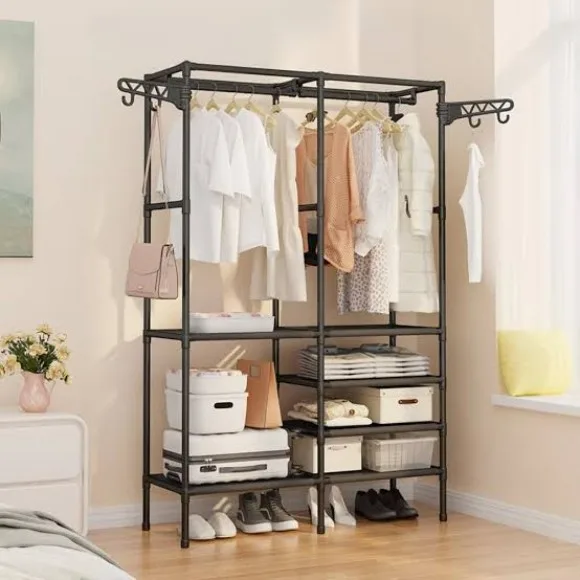 Detchable Solid Color Metal Double Row Clothes Rack – Spacious Design for Living Room and Bedroom