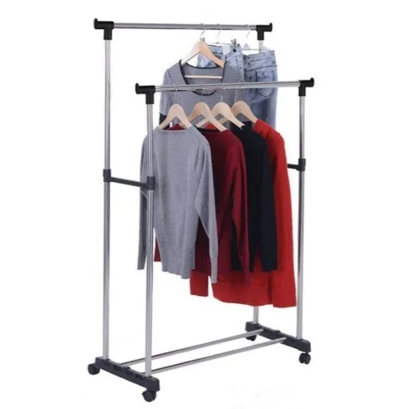 Double Clothing Rod Telescopic Clothes Hanger Rack - Black