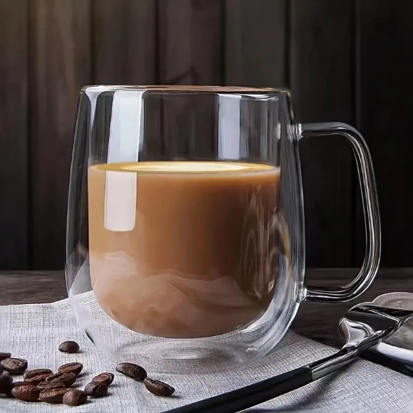 Double Wall Insulated Glasses Espresso Cups with Handle Heat Resistant Dishwasher Microwave Safe - 250ML