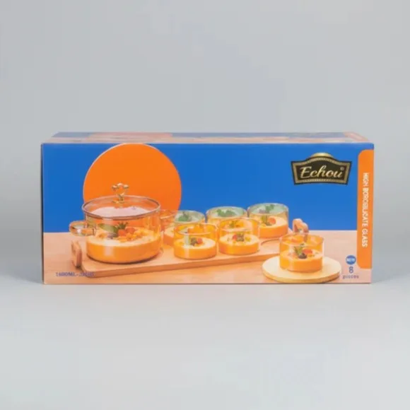 Echou 8-Piece High Borosilicate Glass Dessert & Soup Serving Set with Wooden Display Tray