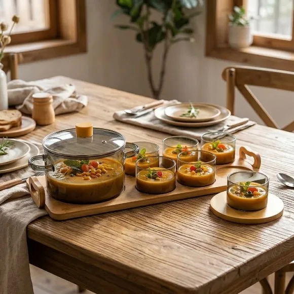 Echou 8-Piece High Borosilicate Glass Dessert & Soup Serving Set with Wooden Display Tray