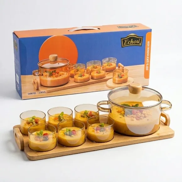 Echou 8-Piece High Borosilicate Glass Dessert & Soup Serving Set with Wooden Display Tray