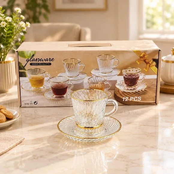 Elegant Cup and Saucer Set Gold Rim 6-Piece