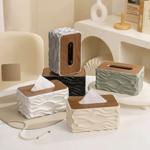 Elegant Design for a Home Table Rectangular Plastic and Wood Tissue Box