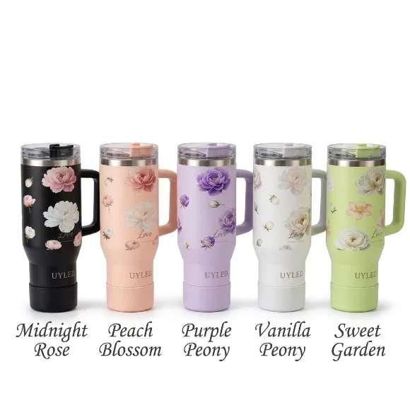 Floral Stainless Steel Tumbler with Handle – Leak-Proof Lid & Silicone Bottom Cover 40oz