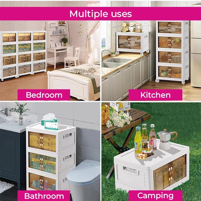 Stackable Collapsible Storage Drawer Magnetic Doors Lockable Wheels Organizer for Closet Bedroom Office 4 Layer