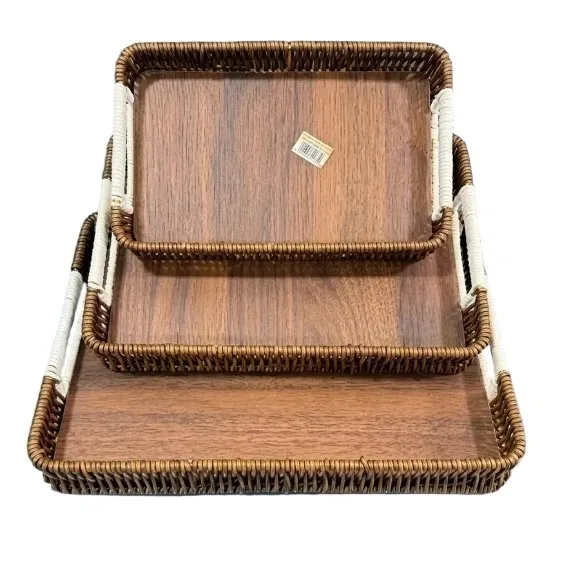GIB cleaningtool Rectangular Rattan Serving Tray Decorative Woven Wicker Trays with Handles