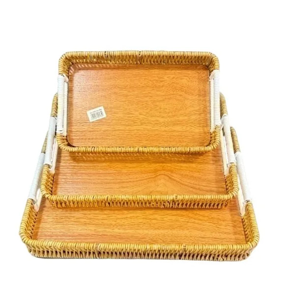 GIB cleaningtool Rectangular Rattan Serving Tray Decorative Woven Wicker Trays with Handles