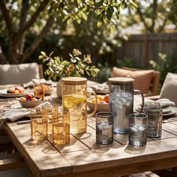 7-Piece Nordic Hexagonal Glass Water Jug & Tumbler Set with Wooden Lid (1 Pitcher + 6 Glasses)