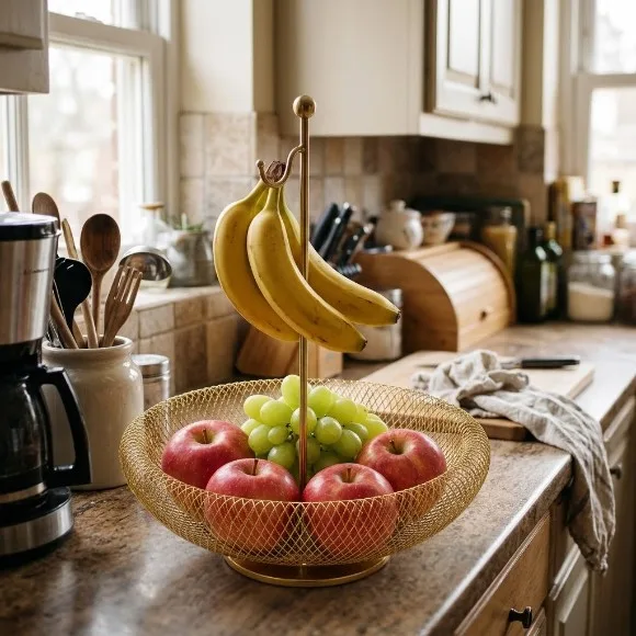 Gold Wire Mesh Fruit Bowl with Banana Hanger