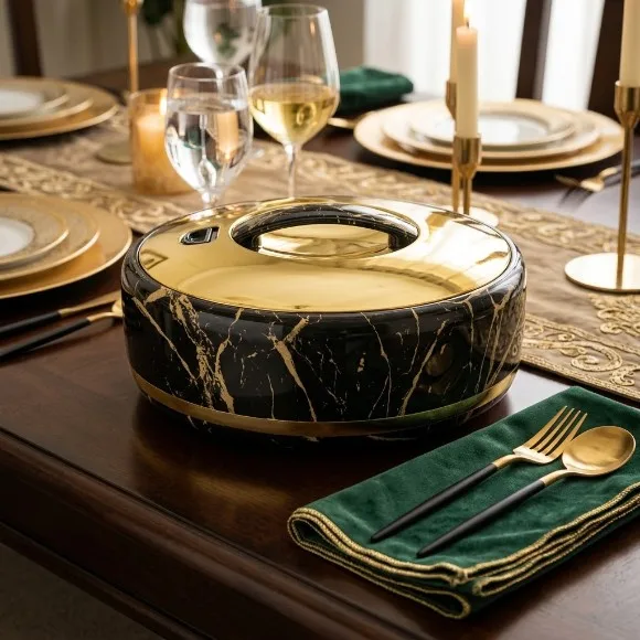 Golden Fire Luxury Insulated Thermal Hotpot / Casserole – Black Marble with Mirror Gold Dome (Made in Taiwan) 335ZG/G