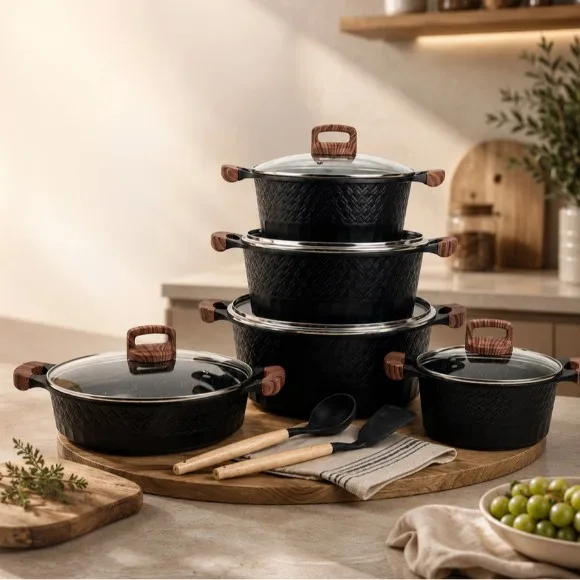 Granite Cookware Set with Cooking Utensils & Glass Lids – 12 Pieces – Black thumbnail 2
